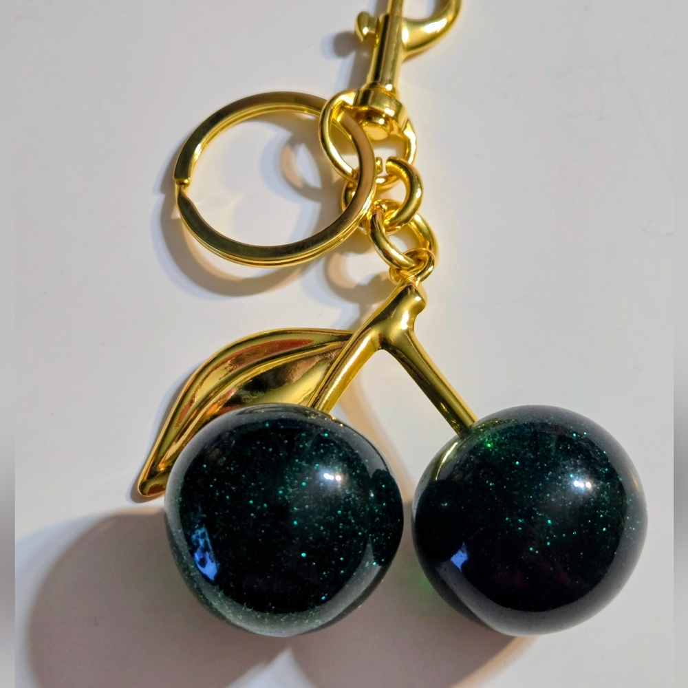 🍒Dark Green Sparkly Cherry Large Keychain Bag Charm with Goldtone Finish